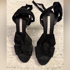 Veronica Beard Black Suede Tie-Ankle Knot Sandals